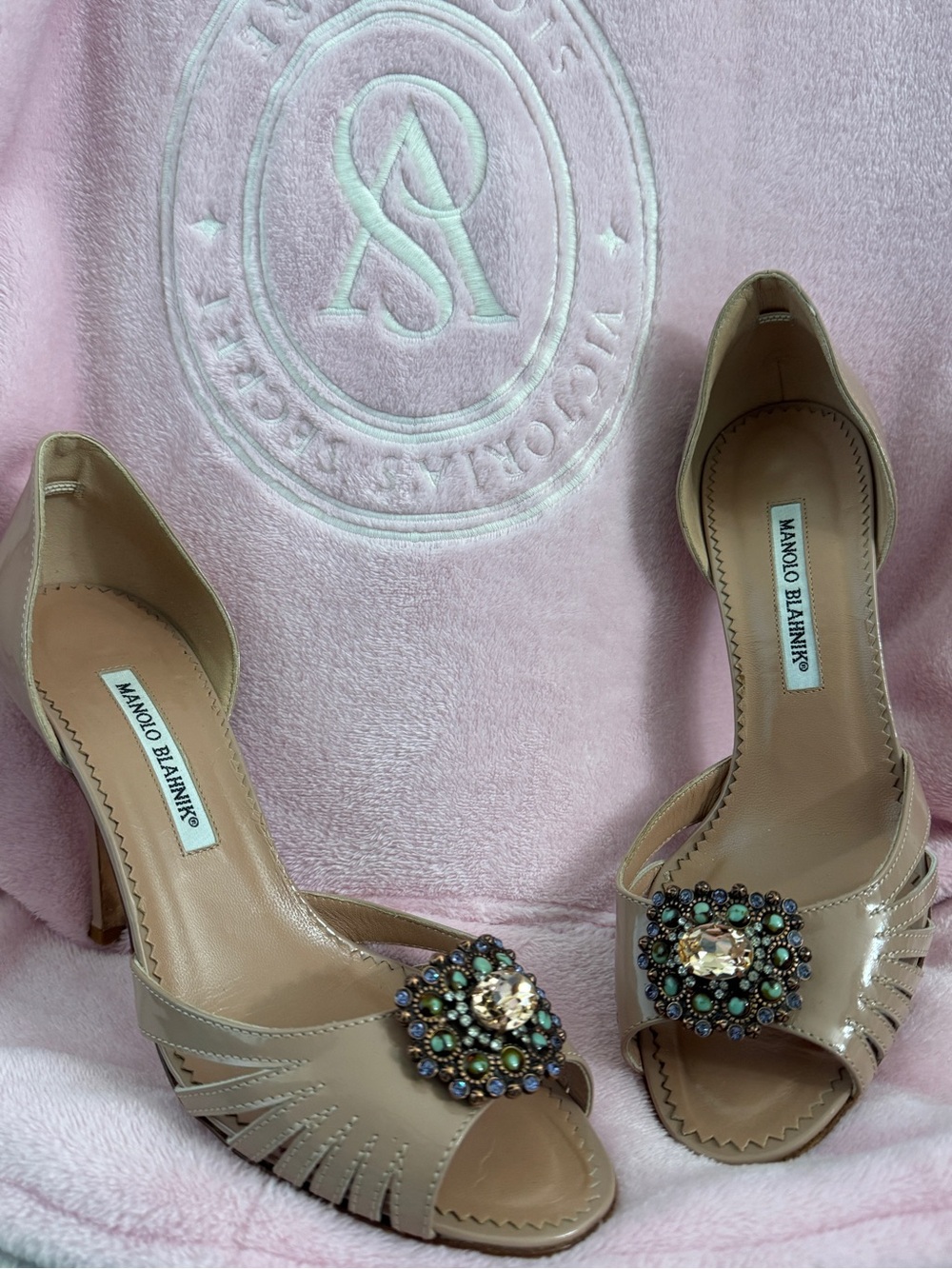 Manolo Blahnik Beige Crystal-Embellished Peep-Toe Pumps